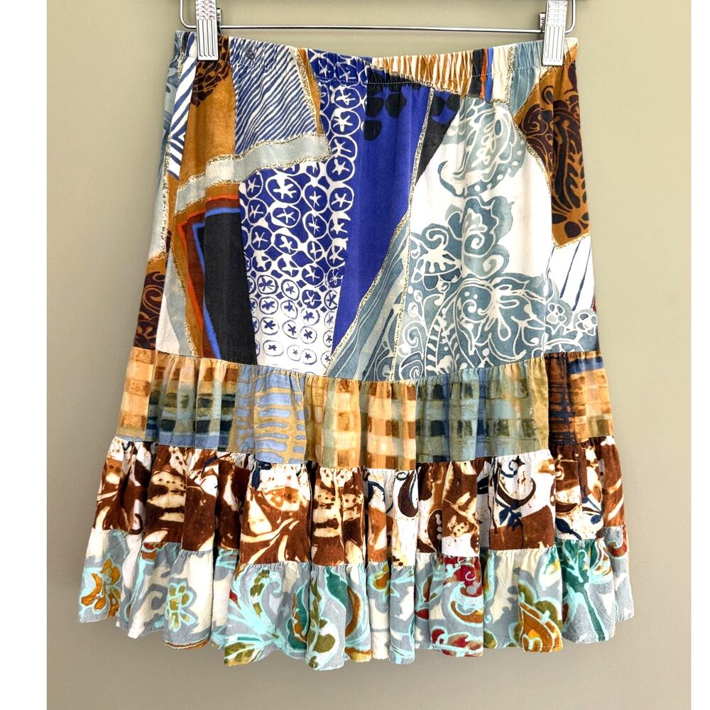 Jams World Hattie Tiered Skirt Blue Brown Elastic Waist Size Small